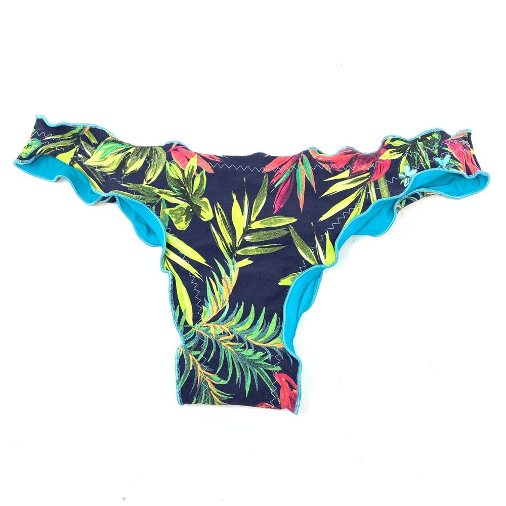 Le Saint Women's Sz Large Scalloped Cheeky Bikini Bottom Leaf Pattern Blue Green